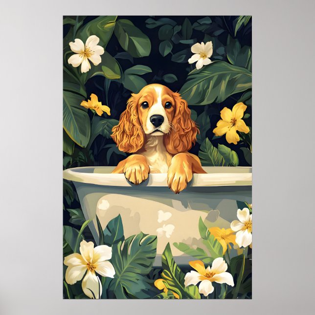 Poster Cocker Spaniel no Banheiro Poster, Cachorro Engraç (Frente)