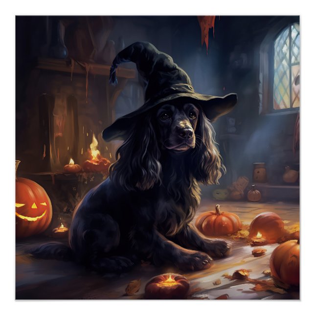 Pôster Cocker Spaniel Pumpkins Halloween Assustado (Frente)