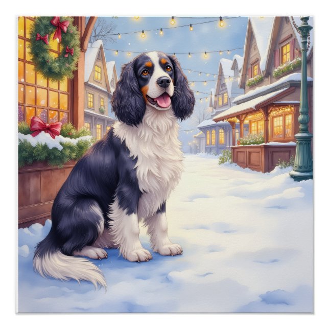 Pôster Cocker Spaniel Snowy Village Christmas Art (Frente)