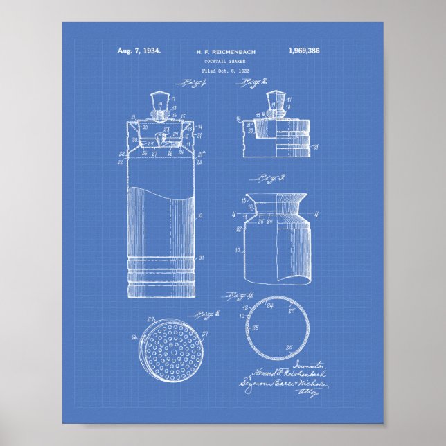 Poster Cocktail Shaker 1934 Patent Art Blueprint (Frente)