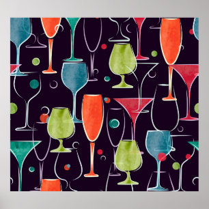 Poster Cocktails de aquarela, padrão de safra colorido.