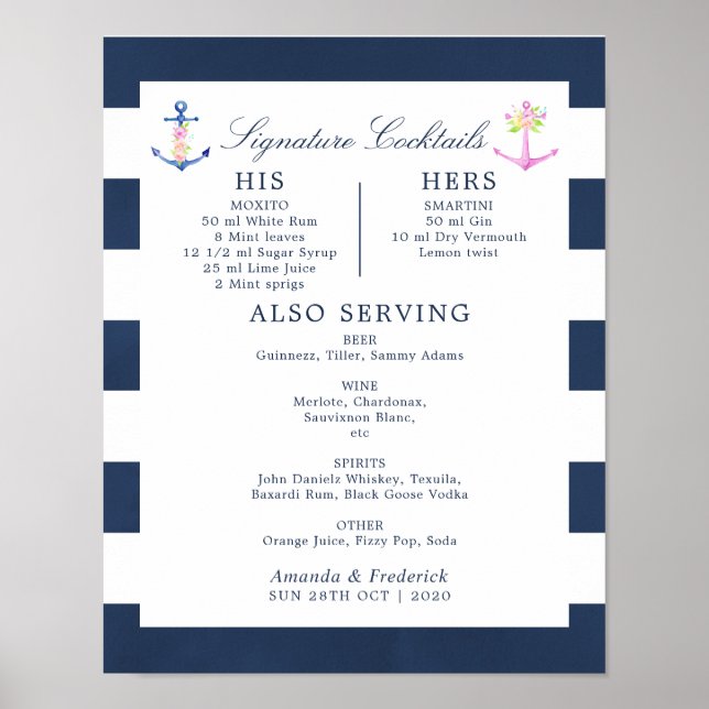 Poster Cocktails de Assinatura Floral Náutica de Aquarela (Frente)