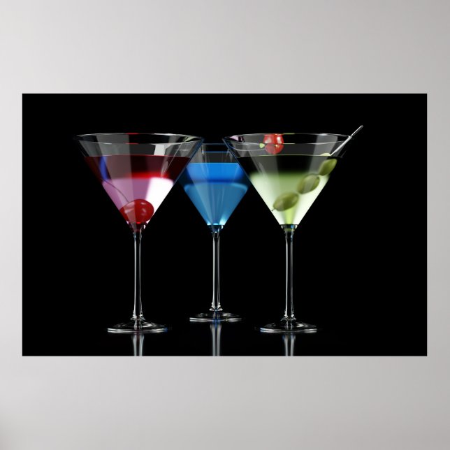 Poster Cocktails diferentes em copos de martini em preto (Frente)