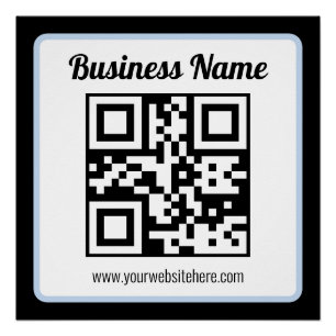 Pôster Código QR e texto editáveis com borda azul clara