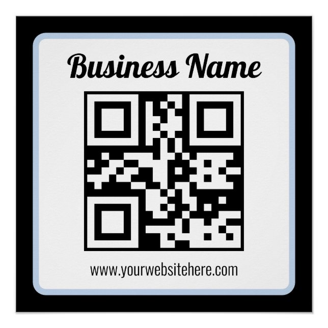 Pôster Código QR e texto editáveis com borda azul clara (Frente)