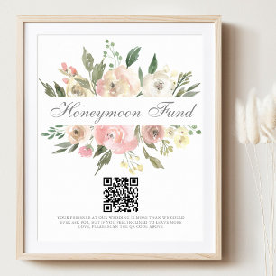 Poster Código QR Fundo de Lua de Mel de Casamento Floral