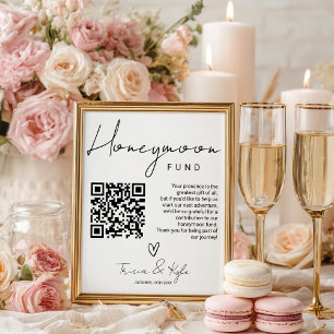 Poster Código QR moderno Black White Honeymoon Fund Casam