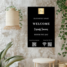 Código QR preto logotipo empresarial sala de semin