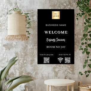 Poster Código QR preto logotipo empresarial sala de semin