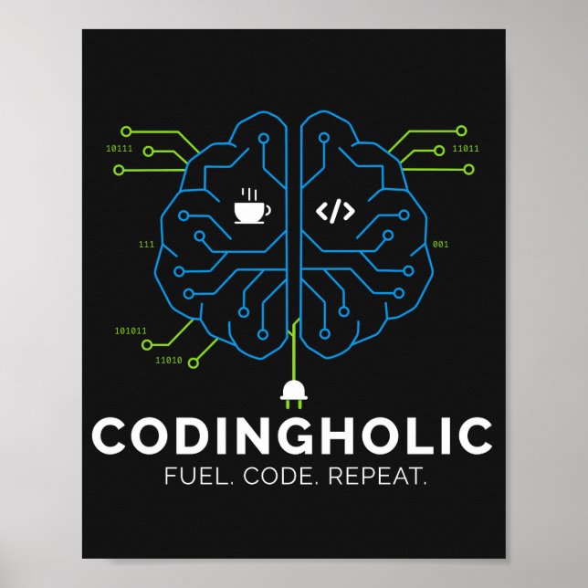 Poster Codingholic Tech Brain Programmer Modo Escuro (Frente)