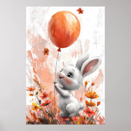 Poster Coelhinho Branco bonito com Illus digital de balão