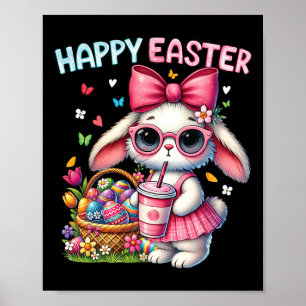 Poster Coelhinho da Páscoa Fofo Bebendo Café Gelado Laço 