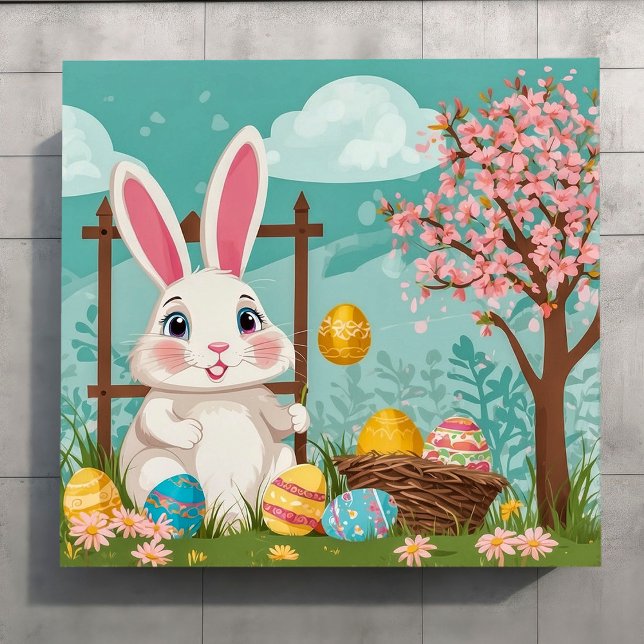 Poster Coelhinho da Páscoa Fofo Ovos Coloridos Flor de Pr (Criador carregado)
