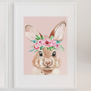Poster Coelhinho De Aquarela Rosa De Pastel Moderno Com F