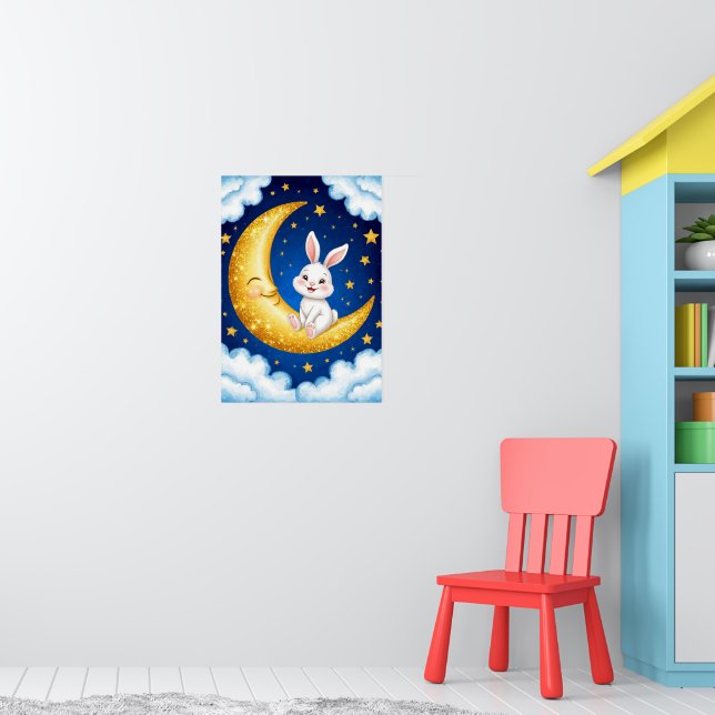 Poster Coelhinho Fofo Lua Crescente Dourada 🐰🌙Decoração (Berçário 1)