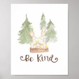 Poster Coelhinhos Aquarela Amigos da Floresta Seja Gentil