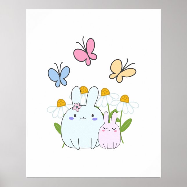 Poster Coelhinhos bonitos com margaridas Primavera e borb (Frente)