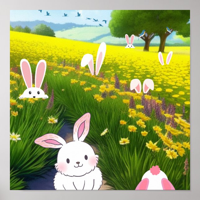 Poster Coelhinhos bonitos em um campo (Frente)