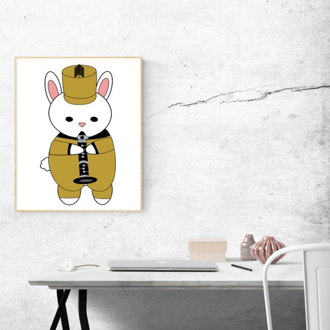 Poster Coelho Banda Clarinet Dourado Amarelo (A poster of a rabbit playing the clarinet while wearing a gold yellow & black marching band uniform.)