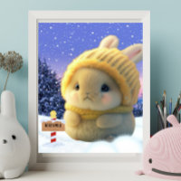 Coelho bonito com chapéu amarelo e cachecol na nev