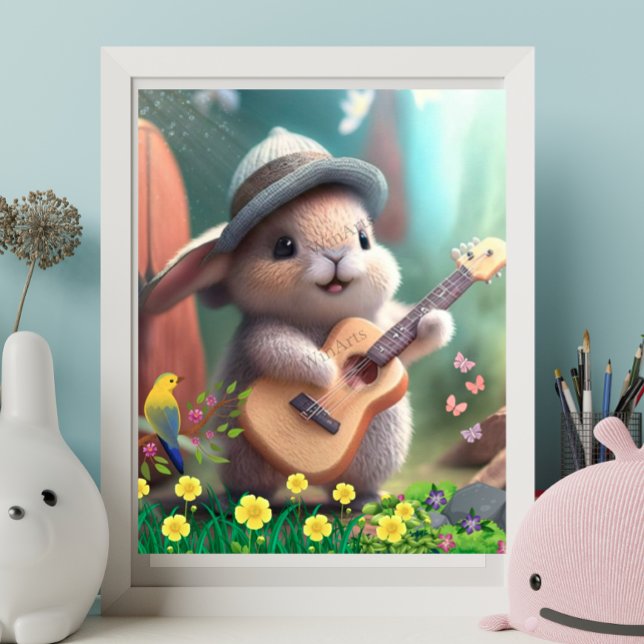 Poster Coelho Bonito Tocando Violão no Jardim das Flores (Criador carregado)