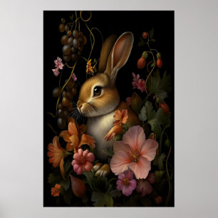 Poster Coelho Botânico Dark Gothic Cottagecore, Escuro