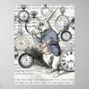 Pôster Coelho Branco Alice Relógios Arte Mundo das Maravi
