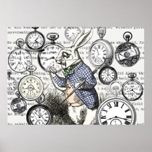 Pôster Coelho Branco Alice Relógios Arte Mundo das Maravi