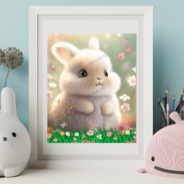 Poster Coelho Branco Fofo no Jardim de Flores Arte Berçár