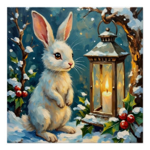 Pôster Coelho Branco Vintage com Lanterna de Natal