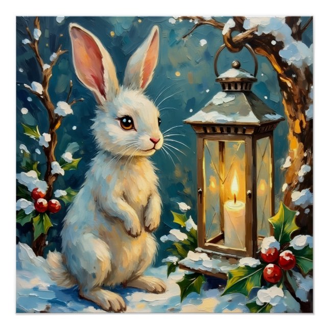 Pôster Coelho Branco Vintage com Lanterna de Natal (Frente)