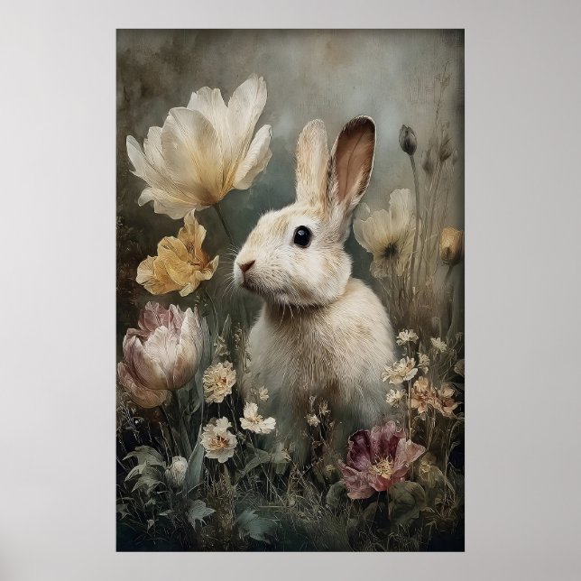 Poster Coelho Bunny Floral Antigo, Páscoa (Frente)