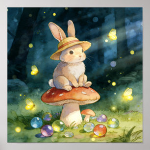 Poster Coelho Caprichoso Fofo em Cogumelo Floresta Mágica