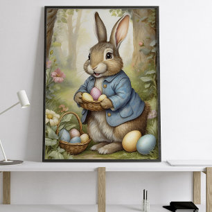Poster Coelho da Páscoa encantador em casaco azul na flor