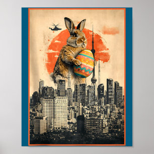 Poster coelho da páscoa engraçado japonês kaiju caça ao o