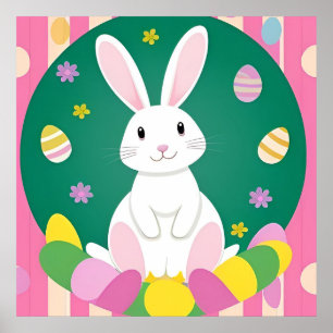 Poster Coelho da Páscoa Fofo Com Ovos Decorativos