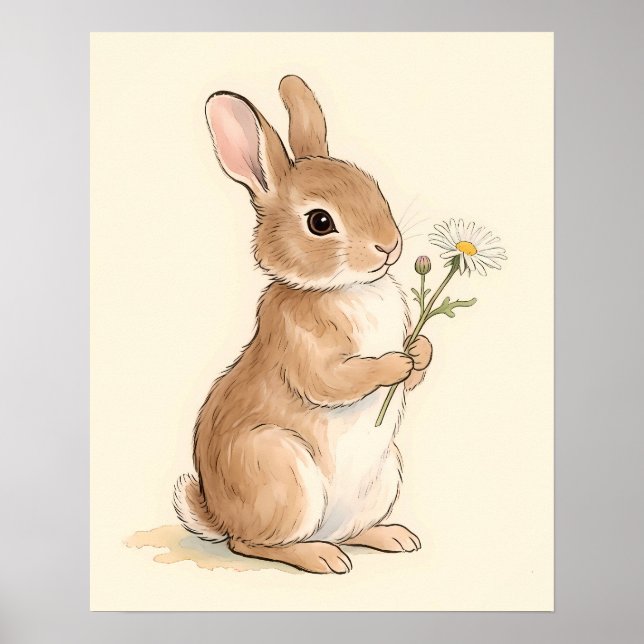 Poster Coelho de Aquarela Doce Segurando Flor de Margarid (Frente)