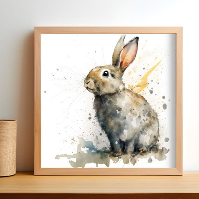 Poster Coelho de Cana-d-Água (A watercolor painting of a rabbit is shown in a light wood frame.)