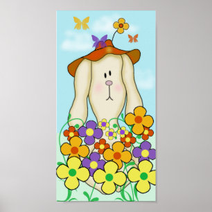 Pôster Coelho de desenho animado com flores