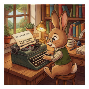 Pôster Coelho de desenho animado digitando em uma máquina