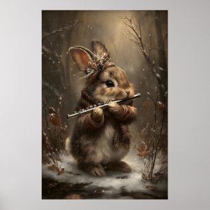 Poster Coelho de Inverno Tocando Flauta na Floresta Arte 