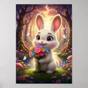 Poster Coelho de Madeira Fofo com Buquê de Flores