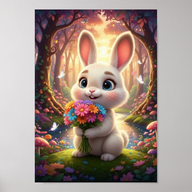 Poster Coelho de Madeira Fofo com Buquê de Flores  (Frente)