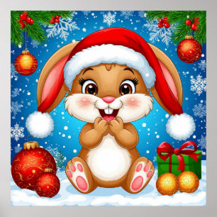 Poster Coelho de Natal Fofo Vestindo Chapéu de Papai Noel