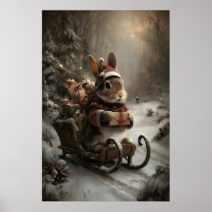 Poster Coelho de Natal no Trenó, Arte de Animal de Invern