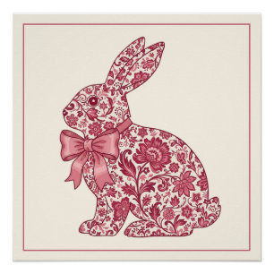 Pôster Coelho de Páscoa em Chinoiserie Rosa e Creme
