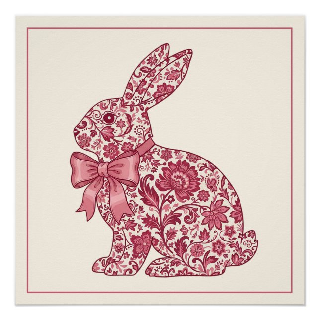 Pôster Coelho de Páscoa em Chinoiserie Rosa e Creme (Frente)