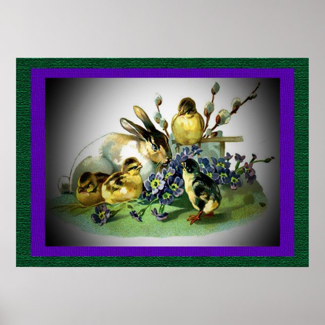 Pôster Coelho de Páscoa, Pintinhos e flores para bebês, Z (Frente)