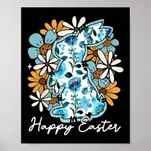 Poster Coelho Feliz de Páscoa Azul Floral Amarelo Desenho