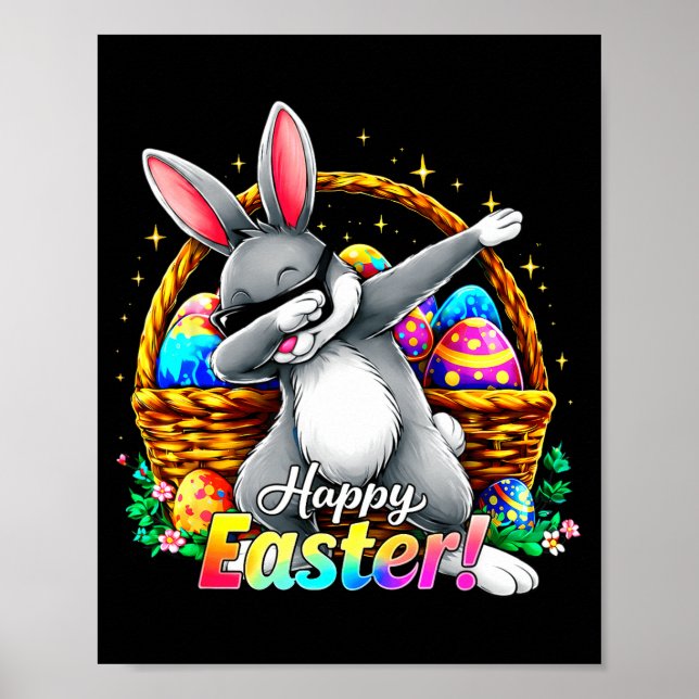 Poster Coelho Feliz Páscoa Dabbing Cesta de Ovos Engraçad (Frente)